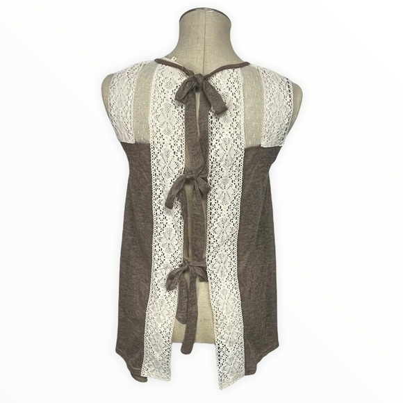 RYU Brown Knit & Cream Lace Back Tie Boho Shabby Chic Tunic Tank Top, Small - Picture 2 of 9